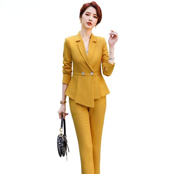women's two piece pants elegant women winter pant suit pink yellow business work wear set green single breasted asymmetric ruffle blaze, White
women's two piece pants elegant women winter pant suit pink yellow business work wear set green single breasted asymmetric ruffle blaze, White