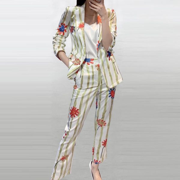 two piece dress est 2021 designer runway suit set women's single button striped floral sequined blazer pants, White
two piece dress est 2021 designer runway suit set women's single button striped floral sequined blazer pants, White
