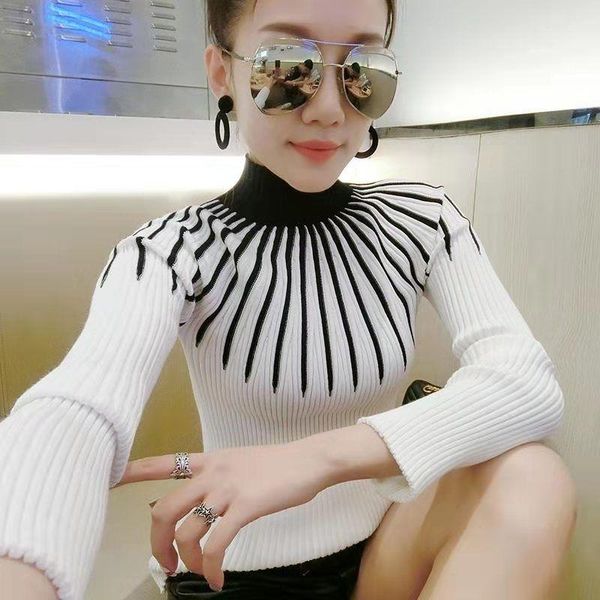 women's sweaters turtleneck slim fit sweater color matching pullover spring autumn long sleeve fashionable clothing plus size, White;black
women's sweaters turtleneck slim fit sweater color matching pullover spring autumn long sleeve fashionable clothing plus size, White;black