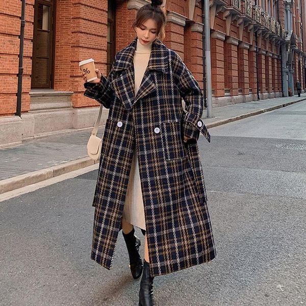 women's wool & blends woolen coat autumn winter retro classic plaid long korean loose big size lapel double breasted thick jacket femal, Black
women's wool & blends woolen coat autumn winter retro classic plaid long korean loose big size lapel double breasted thick jacket femal, Black