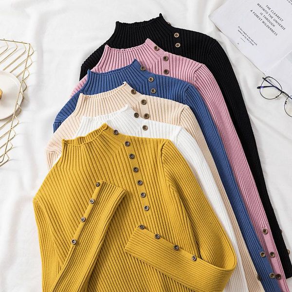 women's sweaters 2021 women autumn knitted sweater solid female cotton soft elastic color pullovers button full sleeve turtleneck, White;black
women's sweaters 2021 women autumn knitted sweater solid female cotton soft elastic color pullovers button full sleeve turtleneck, White;black