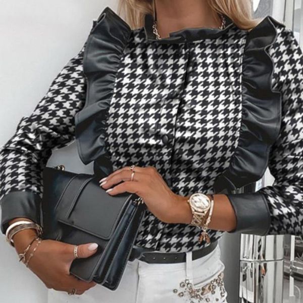 women's blouses & shirts fashion black plaid print autumn winter women casual cardigan ruffled collar pu leather shirt elegant slim off, White
women's blouses & shirts fashion black plaid print autumn winter women casual cardigan ruffled collar pu leather shirt elegant slim off, White