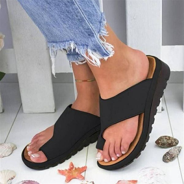 women pu leather shoes comfy platform flat sole ladies casual soft big toe foot correction sandal orthopedic bunion corrector, Black