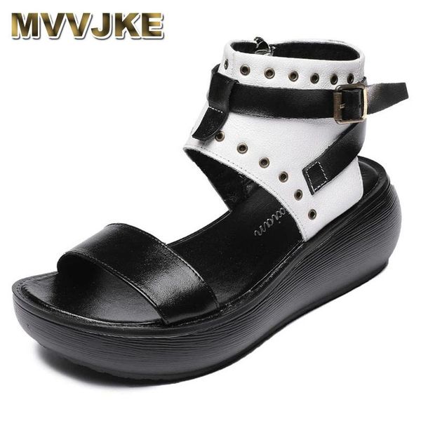 sandals mvvjke fashion women gladiator 2021 summer open toe shoes thick bottom rivet high slingback female wedges platform, Black