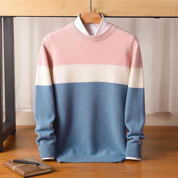 pullover cardigan sweaters 21 autumn and winter woolen men's thickened striped round neck loose color matching knitted bottomed, White;black
pullover cardigan sweaters 21 autumn and winter woolen men's thickened striped round neck loose color matching knitted bottomed, White;black