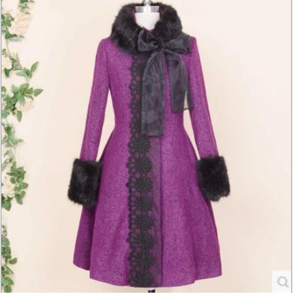 women's wool & blends winter vintage fur collar woolen coat women slim embroidered patchwork bow, Black
women's wool & blends winter vintage fur collar woolen coat women slim embroidered patchwork bow, Black