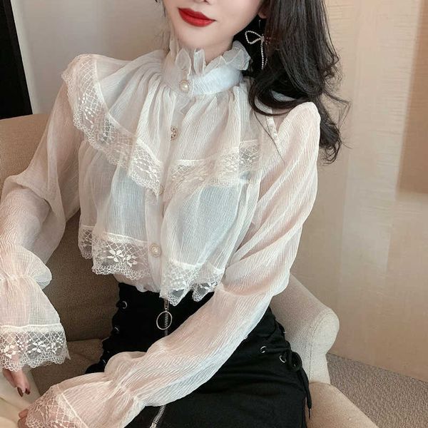 sweet lace ruffles patchwork chiffon shirt female spring korean fashion elegant stand collar flare sleeve casual blouse 210526, White
sweet lace ruffles patchwork chiffon shirt female spring korean fashion elegant stand collar flare sleeve casual blouse 210526, White