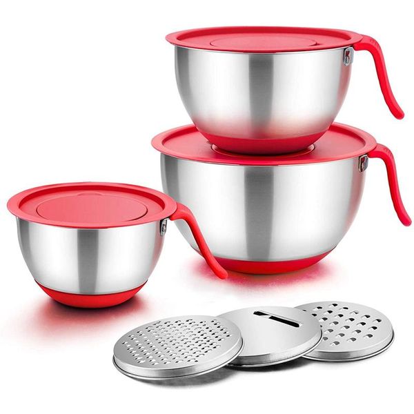bowls mixing with lids,stainless steel salad metal bowl lids & 3 graters, pour spout long handle
bowls mixing with lids,stainless steel salad metal bowl lids & 3 graters, pour spout long handle