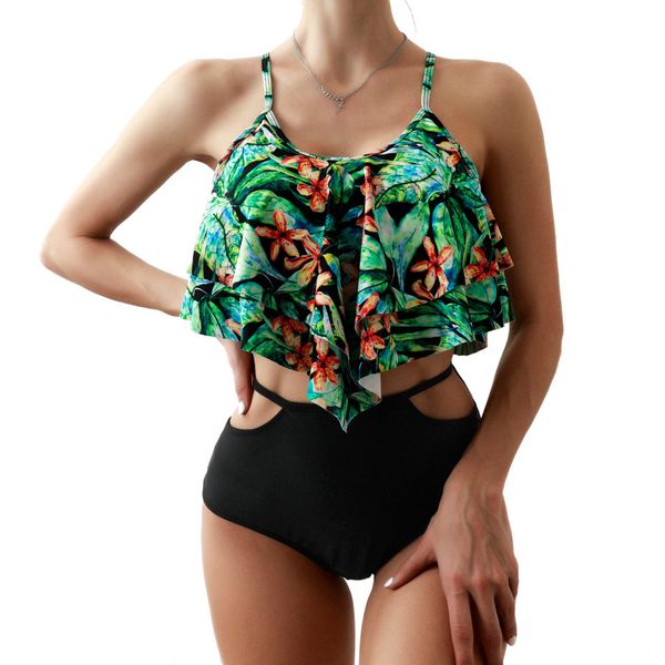 women's double lotus leaf tankini 2021 high waist bikini large swimsuit, White;black
women's double lotus leaf tankini 2021 high waist bikini large swimsuit, White;black