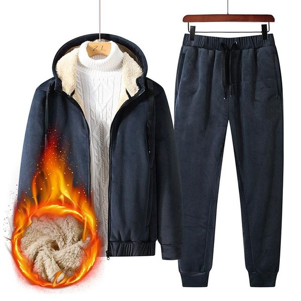 men's tracksuits 2021 winter hooded lamb wool suit two-piece plus velvet thickening warm loose sports simple clothing, Gray 
men's tracksuits 2021 winter hooded lamb wool suit two-piece plus velvet thickening warm loose sports simple clothing, Gray