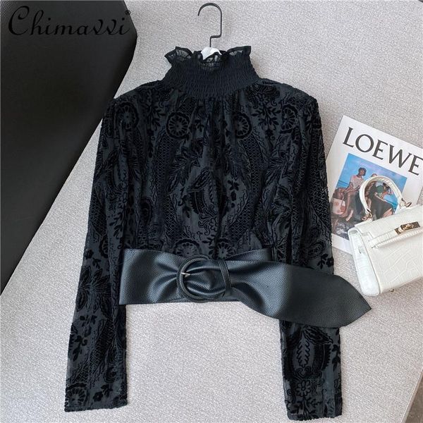 women's blouses & shirts 2021 autumn winter fashion retro french wide belt decoration bottoming slim lace flocking velvet solid color, White
women's blouses & shirts 2021 autumn winter fashion retro french wide belt decoration bottoming slim lace flocking velvet solid color, White