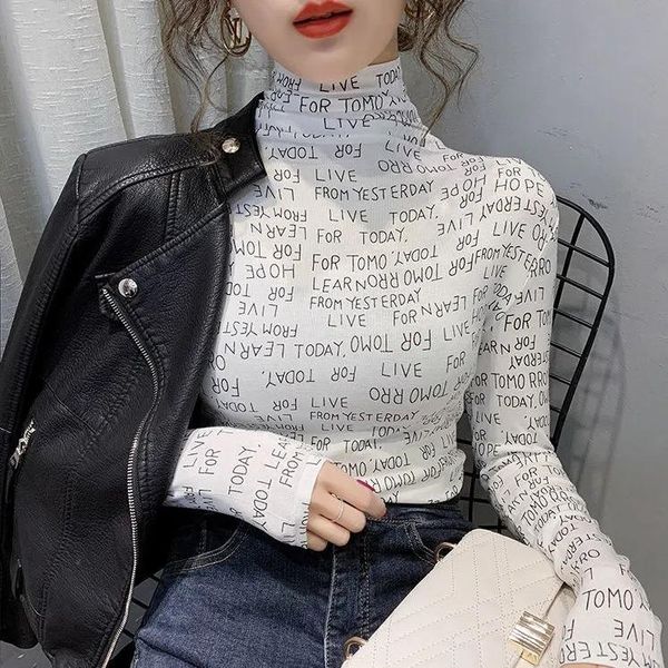 women's t-shirt tsxt fleecy print half high collar long sleeves thick winter 2021 class top, White
women's t-shirt tsxt fleecy print half high collar long sleeves thick winter 2021 class top, White