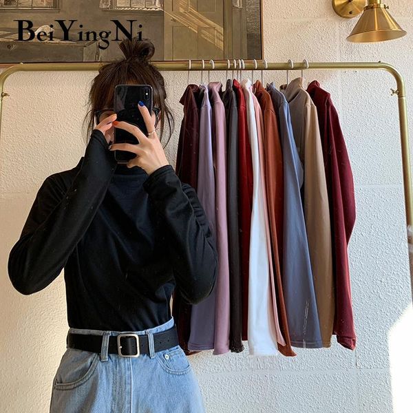 women's t-shirt beiyingni harajuku female fleece casual plain basic simple half turtleneck fashion tees long sleeve tshirts womens, White
women's t-shirt beiyingni harajuku female fleece casual plain basic simple half turtleneck fashion tees long sleeve tshirts womens, White