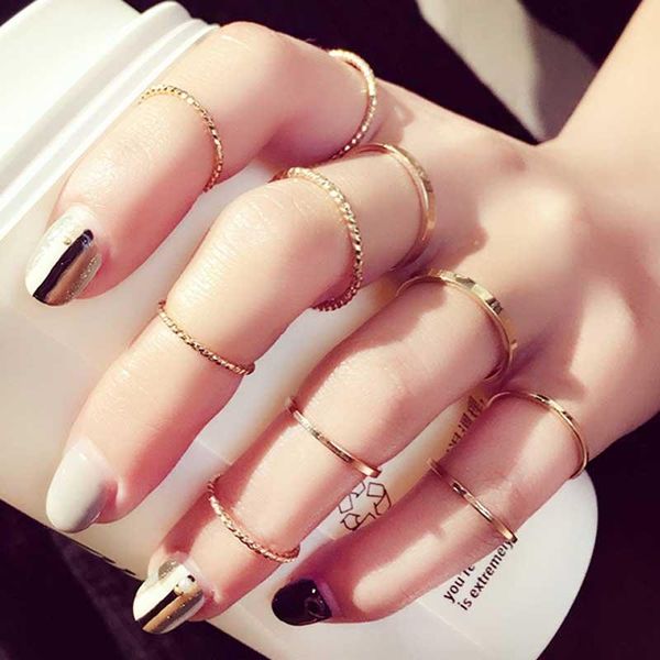 cluster rings 10pcs/set gold knuckle ring personality set joint wedding fashion silver color midi for women jewelry accessories, Golden;silver
cluster rings 10pcs/set gold knuckle ring personality set joint wedding fashion silver color midi for women jewelry accessories, Golden;silver
