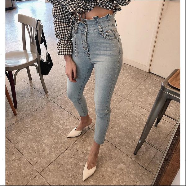 shijia nieuwe zomer vrouw skinny womens jeans hoge taille enkele breasted lichtblauw denim potlood broek ruche stretch jean, Blue
shijia nieuwe zomer vrouw skinny womens jeans hoge taille enkele breasted lichtblauw denim potlood broek ruche stretch jean, Blue