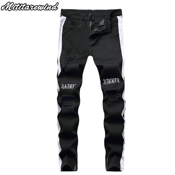 men's jeans spring autumn pencil pants men side striped denim trousers with big hole black ripped slim fit elastic, Blue
men's jeans spring autumn pencil pants men side striped denim trousers with big hole black ripped slim fit elastic, Blue