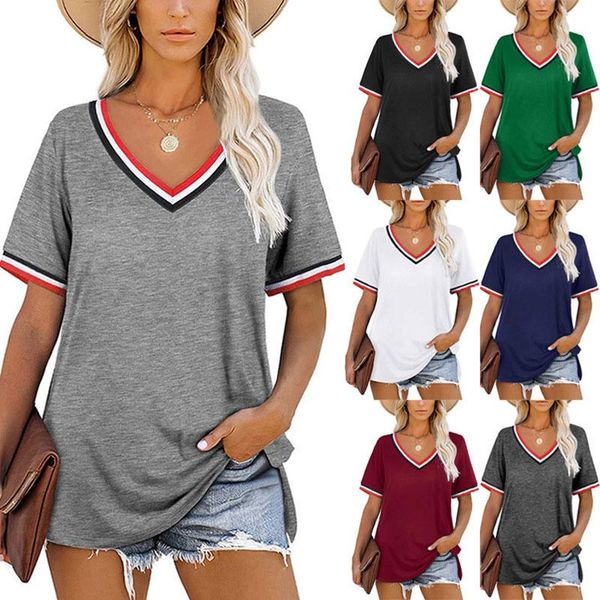 women's t-shirt clothing fashion v-neck hit color stitching collar short sleeve casual loose cotton plus size, White
women's t-shirt clothing fashion v-neck hit color stitching collar short sleeve casual loose cotton plus size, White