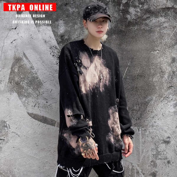 fashion sweater tkpa guochao brand autumn and winter men's wear pin hole tie dyed dark bereavement knitted jacket, White;black 
fashion sweater tkpa guochao brand autumn and winter men's wear pin hole tie dyed dark bereavement knitted jacket, White;black