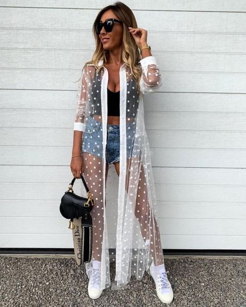 women's swimwear woman's polka dot beach smock lapel long sleeve mesh perspective cover up for daily life and vacation, White;black
women's swimwear woman's polka dot beach smock lapel long sleeve mesh perspective cover up for daily life and vacation, White;black