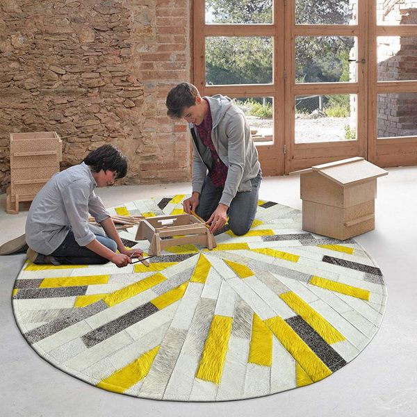 carpets luxury yellow stripe leather circle cowhide rug for living room decoration big size pathchwork handwoven cow fur carpet
carpets luxury yellow stripe leather circle cowhide rug for living room decoration big size pathchwork handwoven cow fur carpet