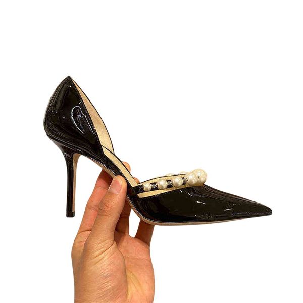 women's formal shoes pearl strap high heels 2021 autumn and winter celebrity sho patent leather pointed thin heel hollow french sandals, Black
women's formal shoes pearl strap high heels 2021 autumn and winter celebrity sho patent leather pointed thin heel hollow french sandals, Black