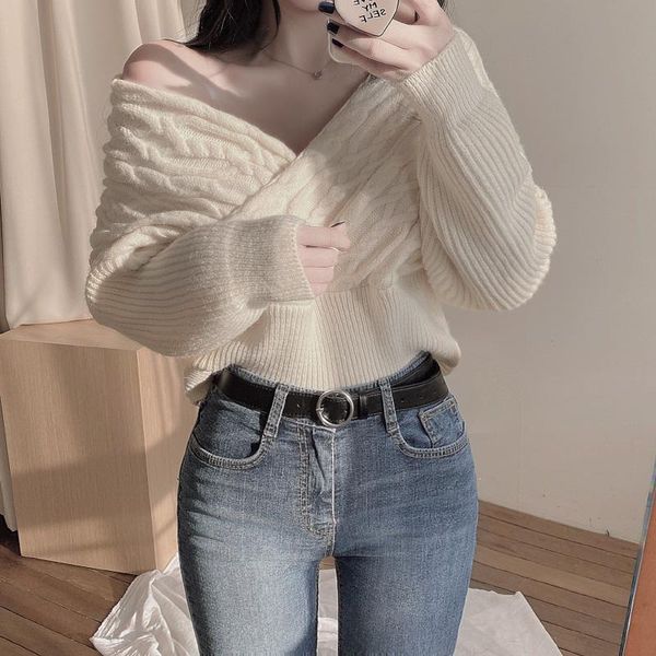 women's sweaters cross v-neck loose twist patchwork for women chic off shoulder solid color long sleeve knitted pullovers autumn, White;black
women's sweaters cross v-neck loose twist patchwork for women chic off shoulder solid color long sleeve knitted pullovers autumn, White;black