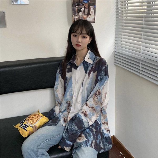 women's blouses & shirts 2021 spring and autumn thin light mature temperament tie dye long sleeve blouse retro chiffon top, White