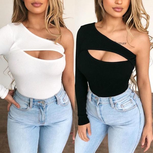 women's t-shirt spring and summer pure color slim body inclined shoulder irregular hollow-out long sleeve t - shirt, White
women's t-shirt spring and summer pure color slim body inclined shoulder irregular hollow-out long sleeve t - shirt, White