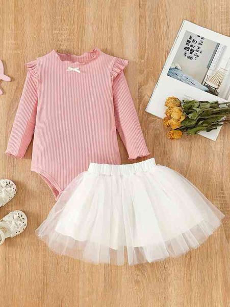 baby ruffle trim bodysuit & mesh overlay skirt she, White 
baby ruffle trim bodysuit & mesh overlay skirt she, White