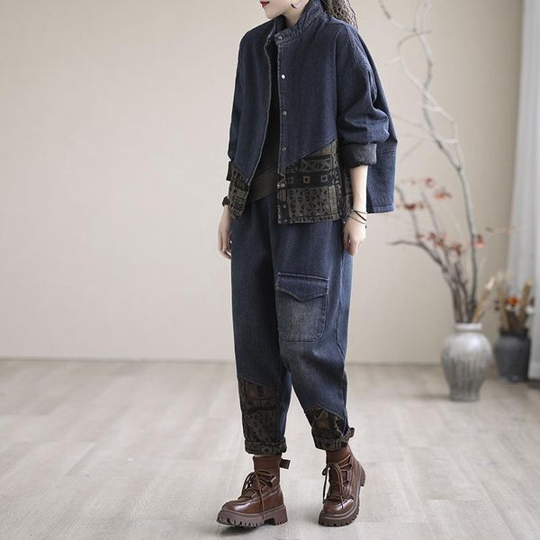 women's jeans denim women autumn winter thick fleece oversize loose vintage spliced print drawstring elastic waist harem trousers, Blue
women's jeans denim women autumn winter thick fleece oversize loose vintage spliced print drawstring elastic waist harem trousers, Blue