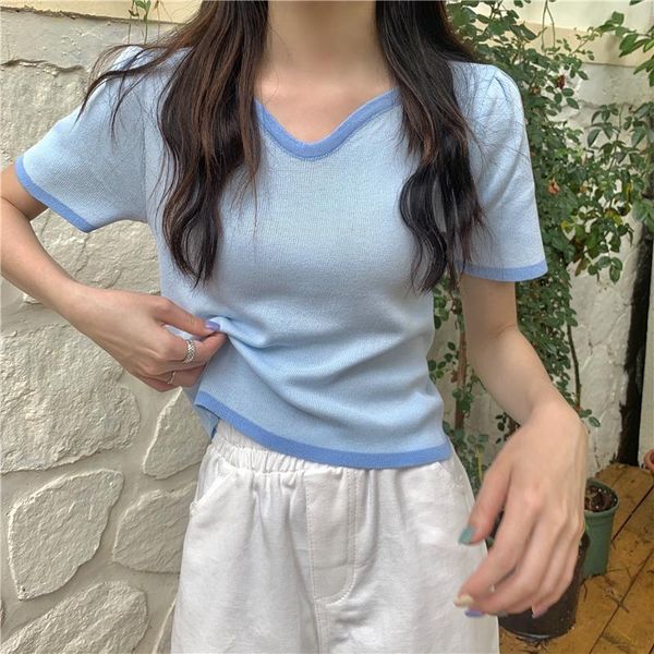 women's t-shirt blue summer knitted t-shirts women v-neck short sleeve patchwork solid knitwear loose shirts slim streetwear black z58, White
women's t-shirt blue summer knitted t-shirts women v-neck short sleeve patchwork solid knitwear loose shirts slim streetwear black z58, White