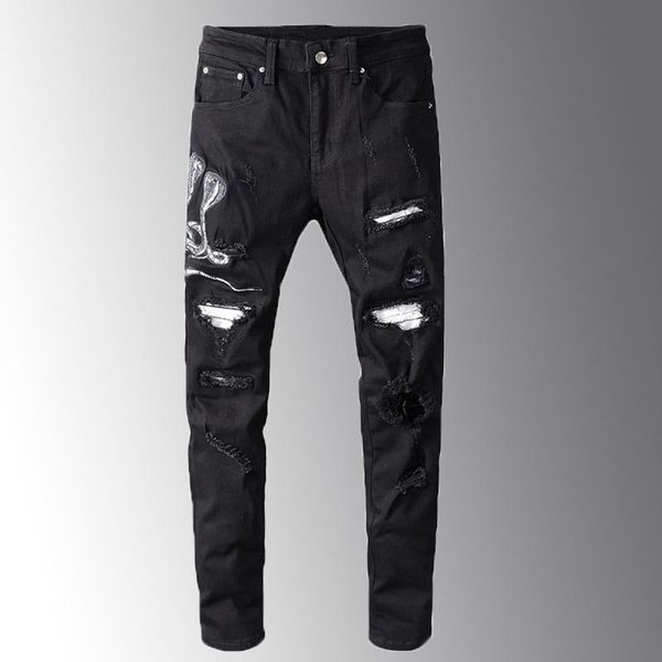 embroidered men's snake black ripped jeans slim skinny holes patchwork stretch denim pants fashon black mens jeans, Blue
embroidered men's snake black ripped jeans slim skinny holes patchwork stretch denim pants fashon black mens jeans, Blue