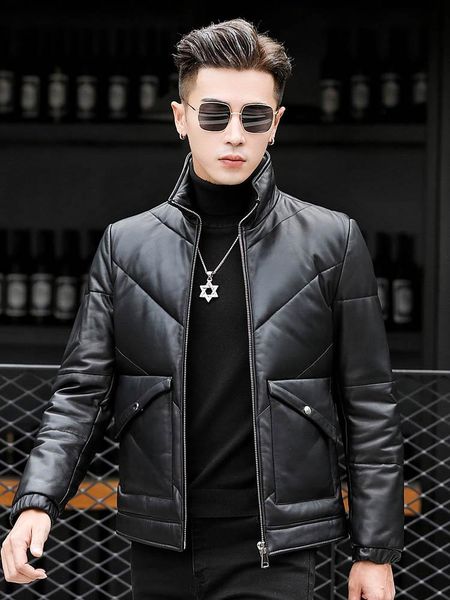 men's leather & faux winter mens genuine clothes 90%white duck down jacket sheep stand collar slim coat, Black
men's leather & faux winter mens genuine clothes 90%white duck down jacket sheep stand collar slim coat, Black