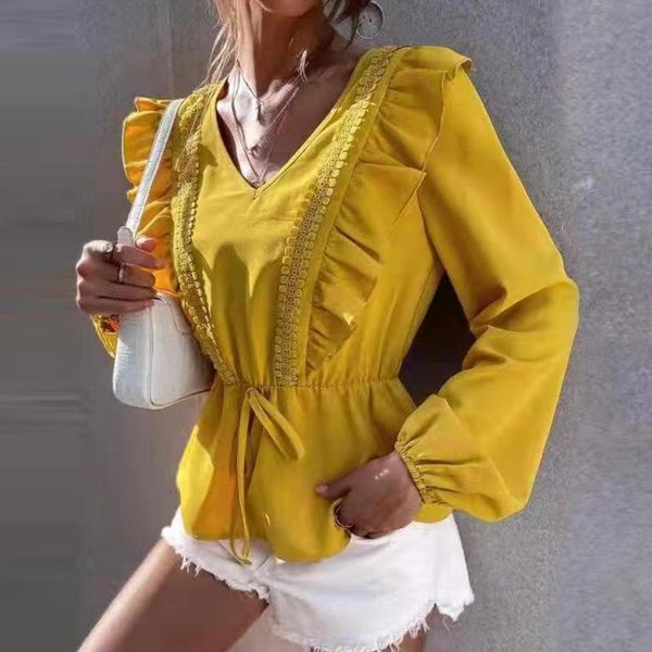women's blouses & shirts sweet temperament v-neck loose-fitting blouse hollow out lace lantern sleeve ruffled waist hem shirt draw back, White
women's blouses & shirts sweet temperament v-neck loose-fitting blouse hollow out lace lantern sleeve ruffled waist hem shirt draw back, White