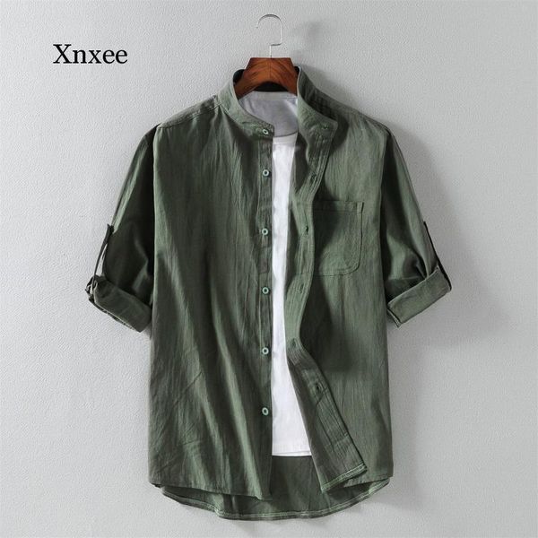men's casual shirts summer chinese style short sleeve shirt men slim fit linen solid half japan clothing -5xl, White;black