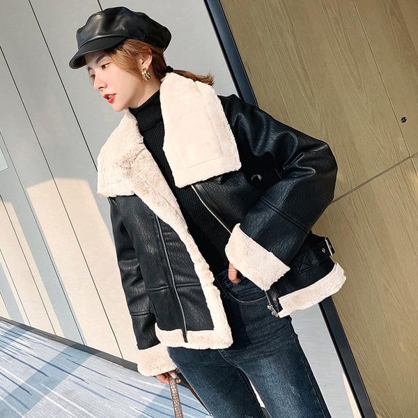 women's leather & faux autumn winter jacket women fur coat ladies slim short motorcyle biker basic warm plush outerwear, Black
women's leather & faux autumn winter jacket women fur coat ladies slim short motorcyle biker basic warm plush outerwear, Black
