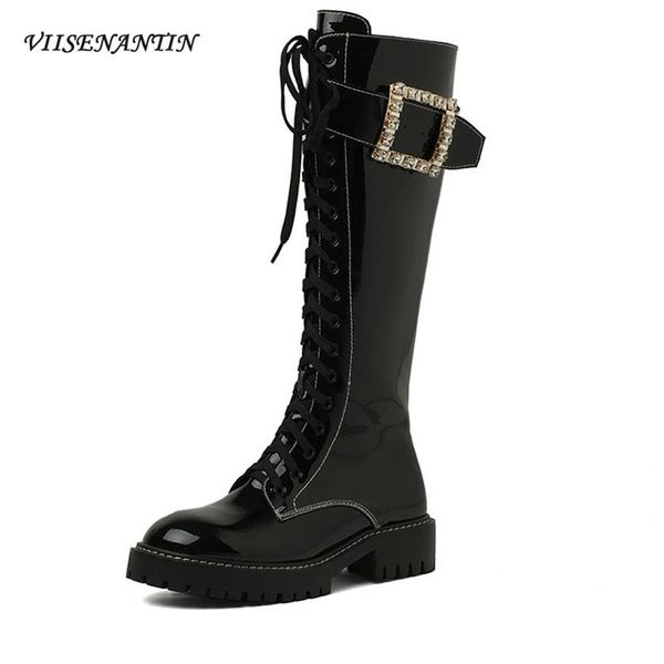 boots round toe thick-soled front lace-up autumn fashion high with rhinestones gold square buckle and side zipper, Black
boots round toe thick-soled front lace-up autumn fashion high with rhinestones gold square buckle and side zipper, Black