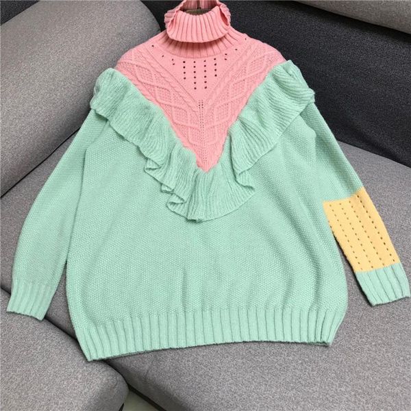 women's sweaters contrasting color ruffled sweater women 2021 high neck hollow knit 1030, White;black
women's sweaters contrasting color ruffled sweater women 2021 high neck hollow knit 1030, White;black