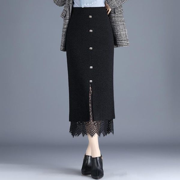 

autumn& winter new high-waisted thin woolen skirt with elastic both sides casual all-match women a-line long skirt ing, Black