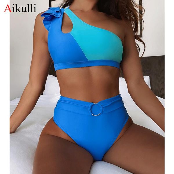 women's swimwear ruffled one shoulder swimsuit high waist bikinis set 2021 patchwork biquini bathing suit summer swim beachwear, White;black
women's swimwear ruffled one shoulder swimsuit high waist bikinis set 2021 patchwork biquini bathing suit summer swim beachwear, White;black