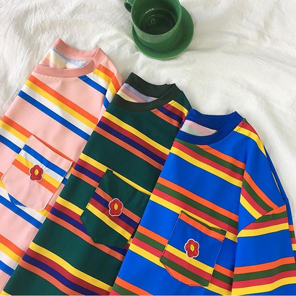 women's t-shirt spring ladies hit color striped short-sleeved female harajuku trend half-sleeved loose plus size, White
women's t-shirt spring ladies hit color striped short-sleeved female harajuku trend half-sleeved loose plus size, White