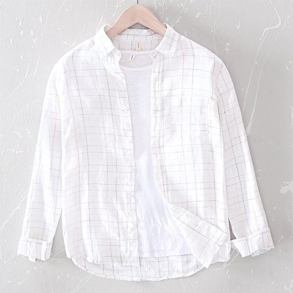 men's casual shirts 2022 long sleeve plaid 100% pure linen men japanese simple style white shirt male gray summer, White;black 
men's casual shirts 2022 long sleeve plaid 100% pure linen men japanese simple style white shirt male gray summer, White;black