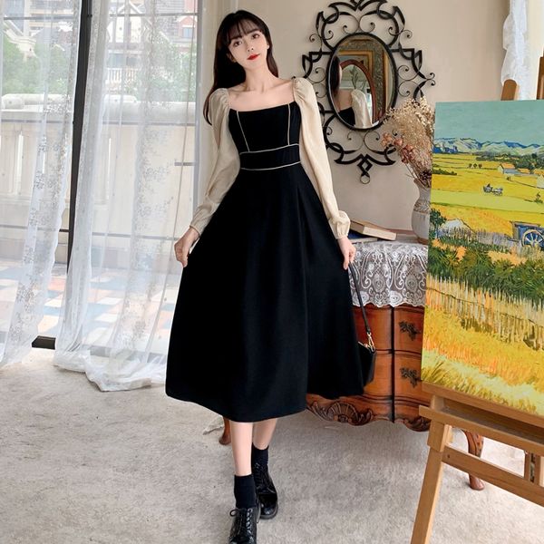 female fashion dressed 2021 new retro-neck thin waist high average length contrast dress temperament tihc, Black;pink
female fashion dressed 2021 new retro-neck thin waist high average length contrast dress temperament tihc, Black;pink