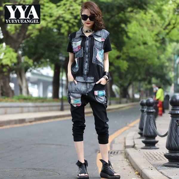 women denim patchwork short sleeve jacket harem pants two piece set high street single breasted vest slim calf-length pants set, White
women denim patchwork short sleeve jacket harem pants two piece set high street single breasted vest slim calf-length pants set, White