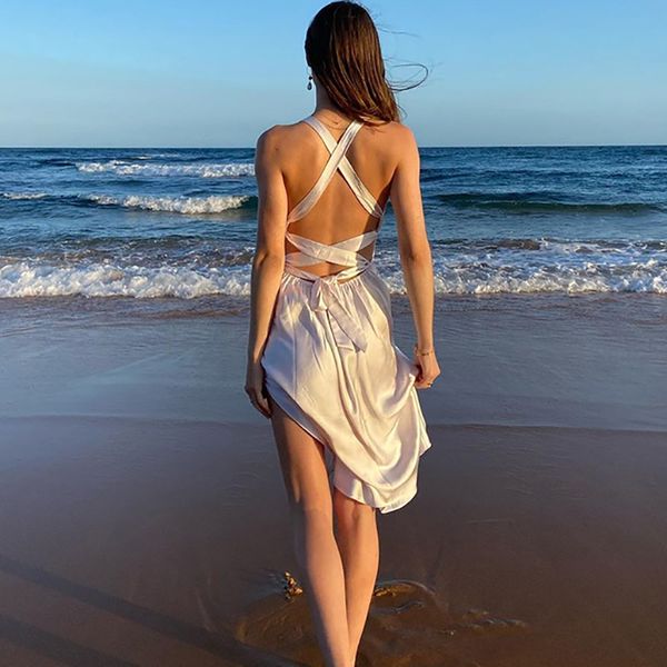 european and american amazon spring and summer new womens clothing satin v-neck backless lace up high slit mid-skirt womens dress ghyg, White;black
european and american amazon spring and summer new womens clothing satin v-neck backless lace up high slit mid-skirt womens dress ghyg, White;black