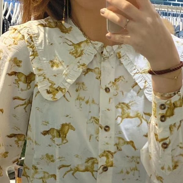 2021 early spring new fashion classic long-sleeved single-breasted horse print ruffled loose wild shirt women vu7g, White
2021 early spring new fashion classic long-sleeved single-breasted horse print ruffled loose wild shirt women vu7g, White