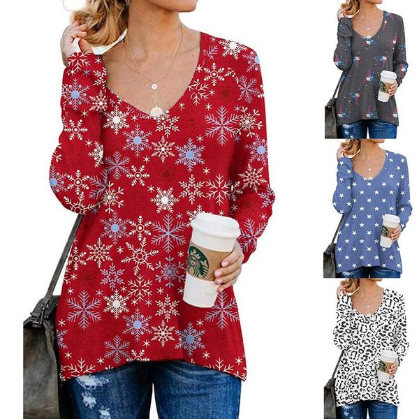 women's t-shirt autumn winter fashion clothes v-neck splicing snowflake print casual loose bilateral zipper long sleeve, White
women's t-shirt autumn winter fashion clothes v-neck splicing snowflake print casual loose bilateral zipper long sleeve, White