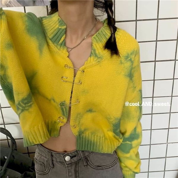 

women's blouses cardi2021 fall green avocado mesh cardigan short collarbone shirt tie-dye pullover fine sweater b84k, White;black