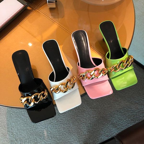 slippers open toe women sandals metal chain thin high heels solid color black/white/green/pink summer shallow pumps mules shoes 
slippers open toe women sandals metal chain thin high heels solid color black/white/green/pink summer shallow pumps mules shoes