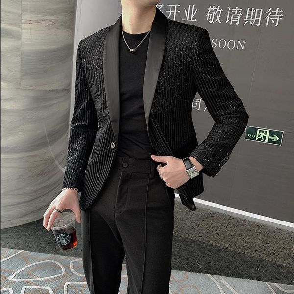 men's suits & blazers 2021 autumn korean version of the net red nightclub sequined slim small suit striped personalized jacket trend, White;black
men's suits & blazers 2021 autumn korean version of the net red nightclub sequined slim small suit striped personalized jacket trend, White;black